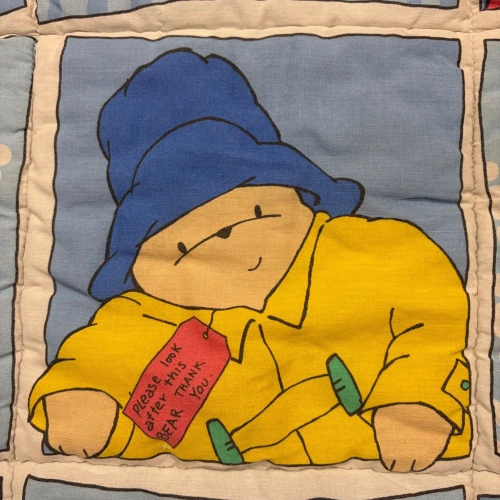 Vintage Paddington Bear Quilted Baby Blanket Nursery Wall Hanging Blue White v